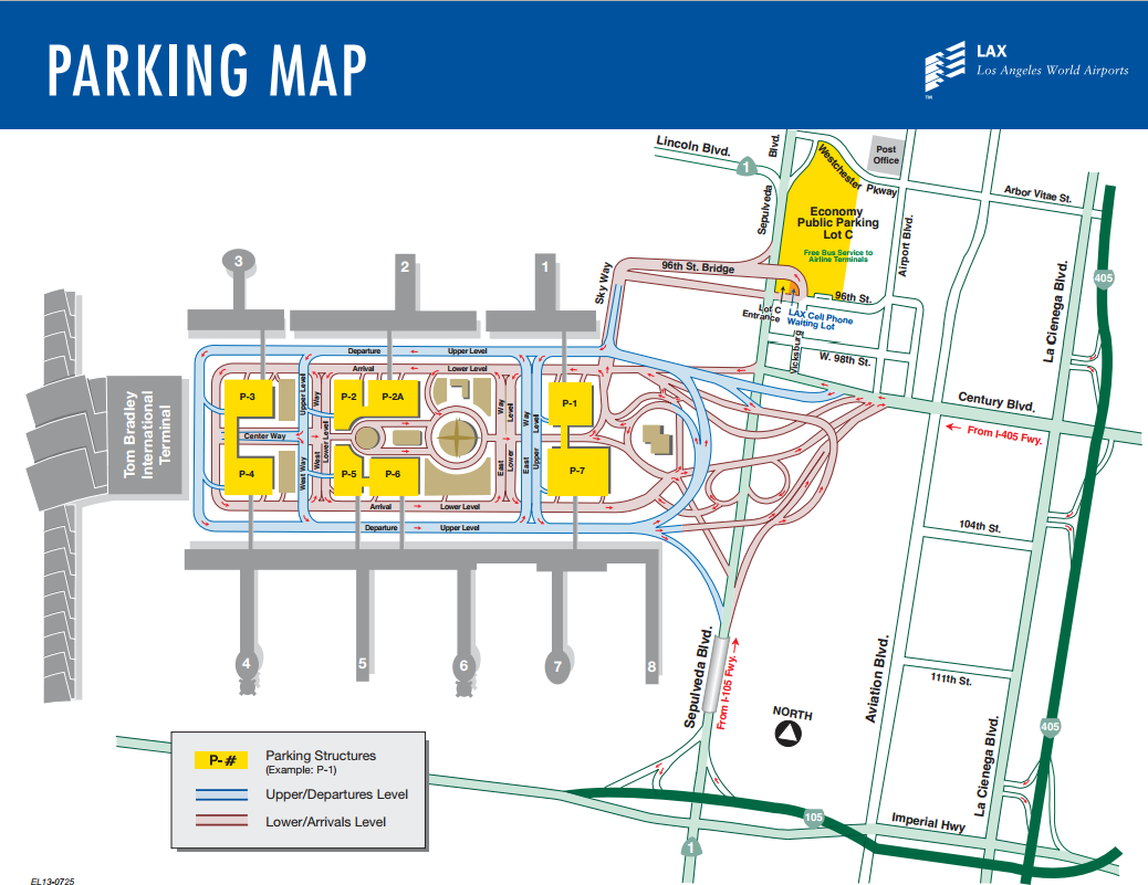 LAX Terminals airline and parking map for Los Angeles Airport.